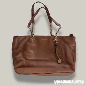 Michael Kors Mercer Brown Leather Tote Bag with Gold Chain